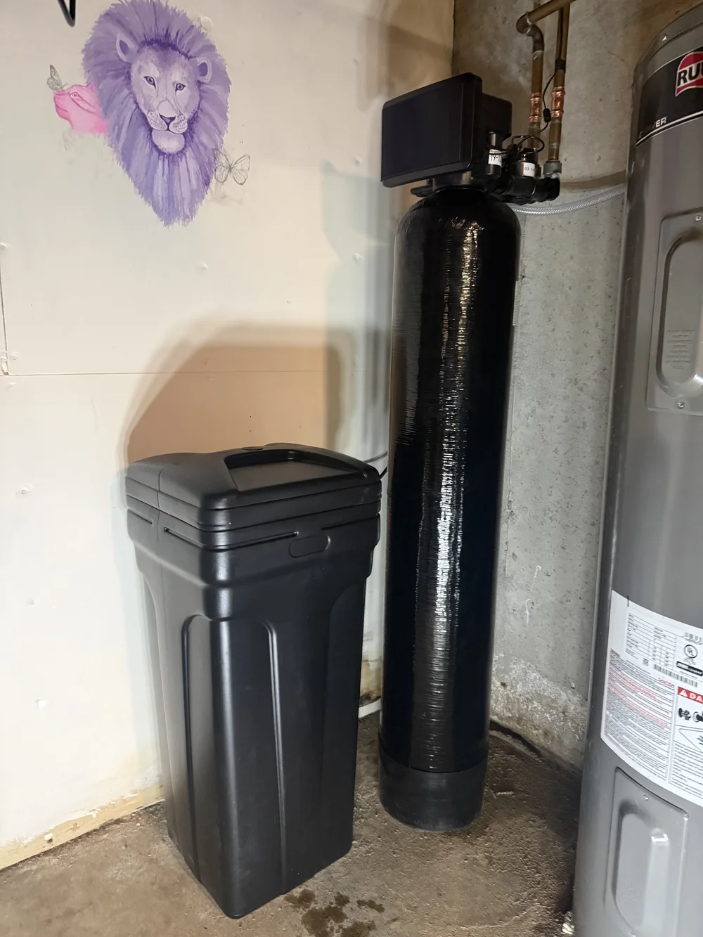 A Graystone whole-home softener and brine tank installed beside a water heater in a St. Louis basement