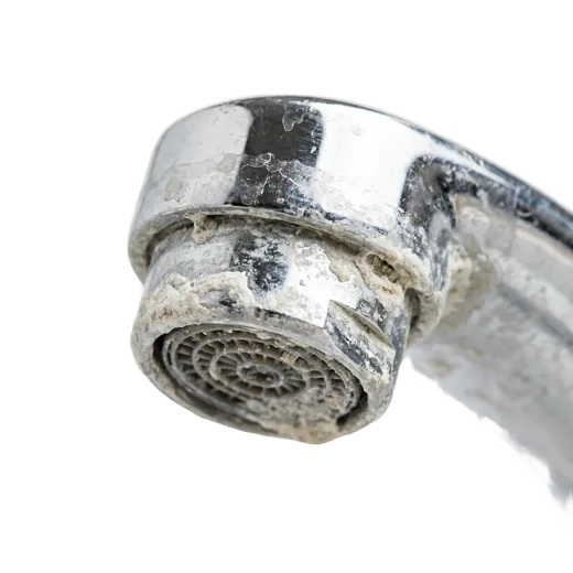 Chrome kitchen faucet caked in white limescale