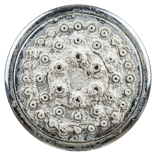 Shower head with its spray nozzles blocked by limescale