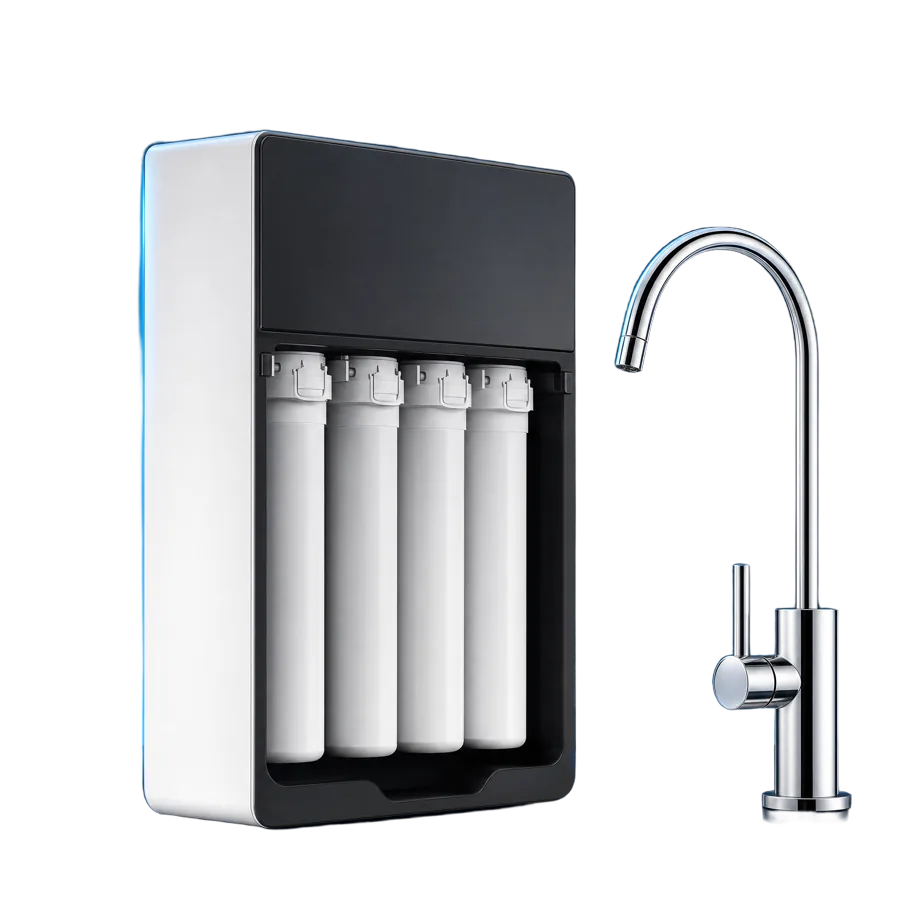 Multi-stage under-sink reverse osmosis drinking water system with a chrome faucet
