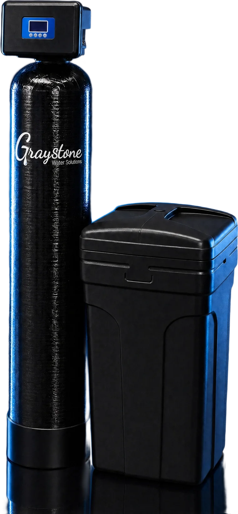 Graystone-branded whole-home water softener with its brine tank
