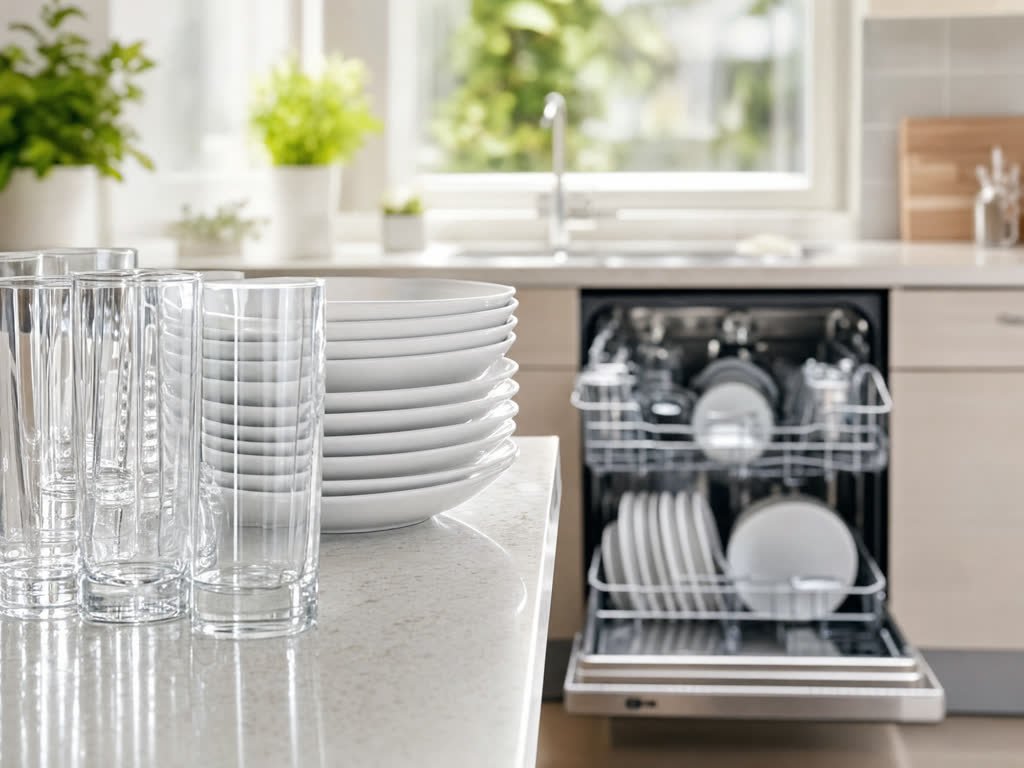 Spotless glasses and plates in a bright kitchen