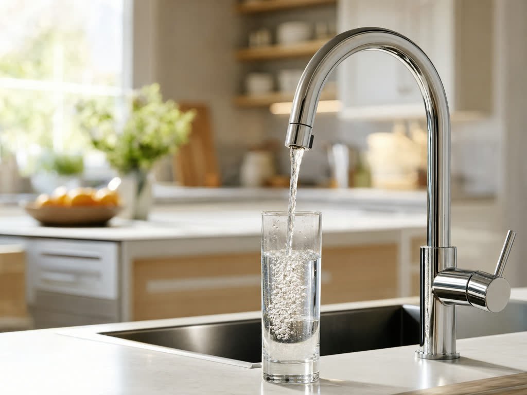 A glass being filled with clear water at a kitchen tap