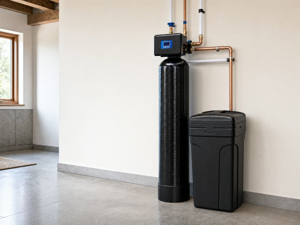 A whole-home water softener and brine tank installed in a home utility room