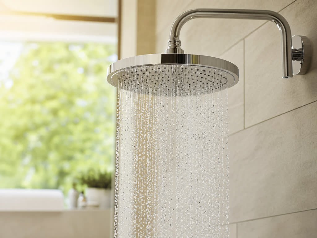 Clean water running from a modern shower head